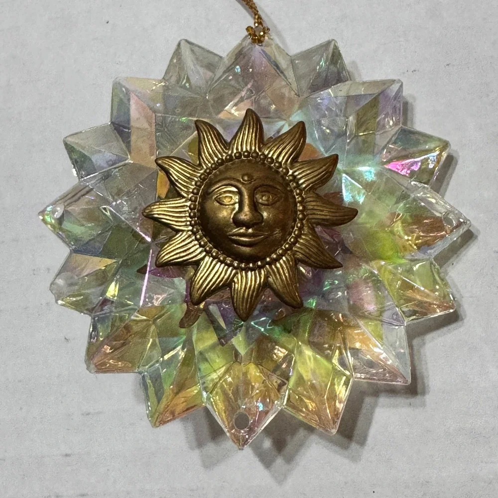 Celestial Sun Face Ornament Iridescent Prismatic Star Gold Double Sided 3.5in